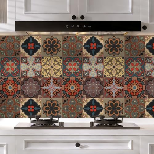Honcet Tile Stickers for Bathroom Stick on Tiles Self Adhesive | 24Pcs Peel and Stick Brown Moroccan Vinly Self Adhesive Wall Tile Backsplash 15x15cm