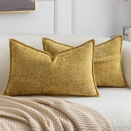 Madizz Juego de 2 Fundas de Cojín Decorativas Boho Funda de Almohada de Chenilla Suave y Texturizada Fundas de Cojín Sólidas para Sofá Sala de Estar Dormitorio Oro Brillante 40x60 cm