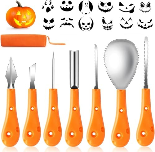 T98 Halloween Kürbis Schnitzset, 7 Stück Schnitzen Set DIY Dekoration Edelstahl Kürbis Schnitzwerkzeuge mit Tragetasche für Kinder und Familie