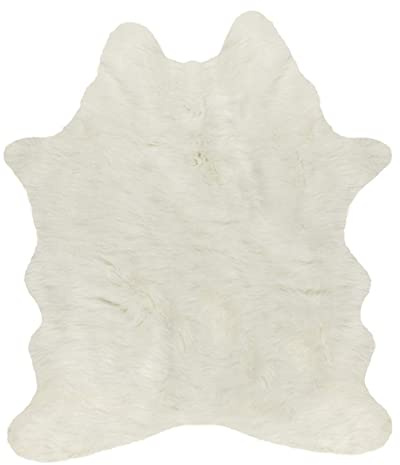 Luxe Faux Cowhide Rug for Rustic and Western Decor | Low Pile Faux Fur Rug with Off White Cow Print | Cruelty-Free Fade Resistant Living Room Rugs | 4-1/4 x 5 ft