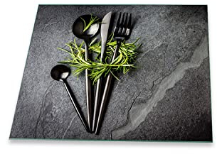 Herdabdeckplatte Abdeckung Ceranfeld Abdeckplatte Schneidebrett 1-Teilig 60x52 Kräuter Besteck Grau Spritzschutz Glasplatte Ceranfeldabdeckung Schutz Herdschutz Sicherheitsglas Glasschneidebrett