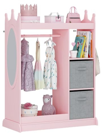 UTEX Kids Armoire Wardrobe Closet with Mirror and Storage Bin, Pink, 33.4 in W x 15.75 in D x 44.5 in H