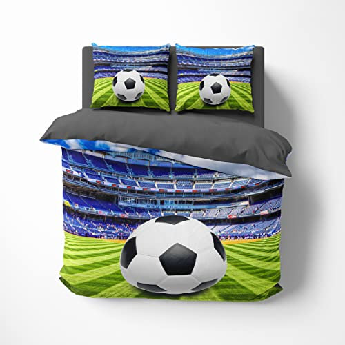 FEBE 3D Bettwäsche Fußball Bettbezug-Set 135x200 + Kissenbezug 80x80 cm Wendebettwäsche 2 Teilig mit Reißveschluss