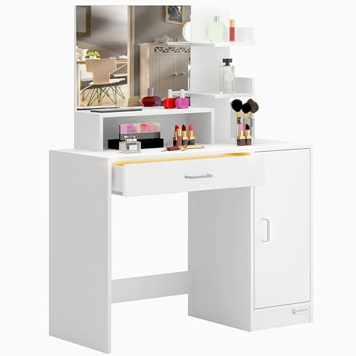 Casaria® Schminktisch mit Spiegel Weiß mit Schubladenbeleuchtung 3 Regale Schlafzimmer Frisiertisch Kosmetiktisch Make-up klein modern Holz 90x40cm