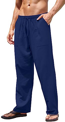 CheChury Pantalon Homme Pantalon Sport en Mélange Coton Lin Pantalon Casual ete Pantalon avec Poches Tailles Léger Respirant Pantalon Décontracté,Bleu Marine,XL