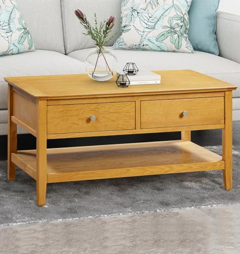Hallowood Furniture Hereford Light Oak Coffee Table with Drawers and Shelf