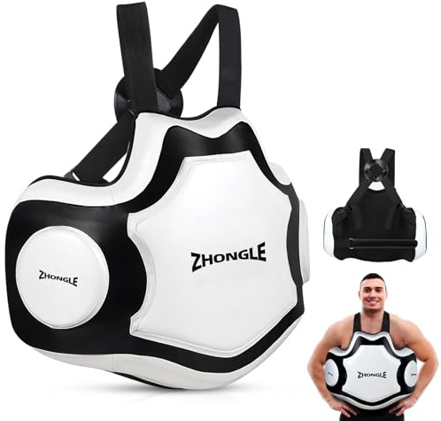 ZHONGLE Professionelle Boxen Körperschutz, Kampfsport Heavy Hitter Body Pad, Taekwondo Brustziel, Leder Körperschutz für MMA, Kickboxen, Muay Thai (Weiß)