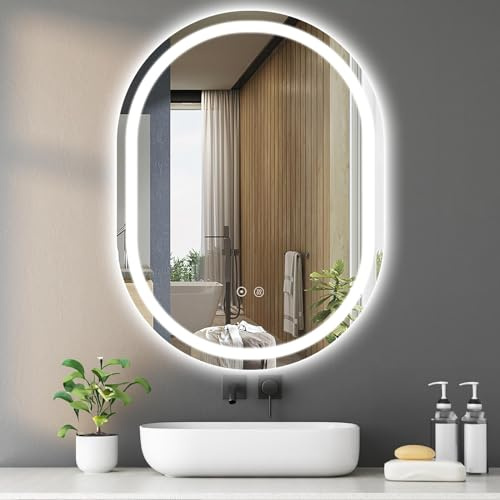 SaniteModar Espejo Ovalado Baño con Luz 50x70 cm, Espejo Baño LED Antivaho con 3 Temperaturas de Color y Brillo Ajustable, Función Memoria, Montaje Vertical, IP44 Impermeable