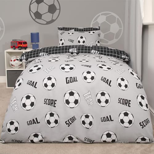 OHS Boys Single Duvet Cover Set Football Bedding, Football Gifts for Boys Super Soft Warm Comfy Polycotton Kids Bedding Stylish Check Reversible Quilt Cover Set with Pillowcase, Grey/Black