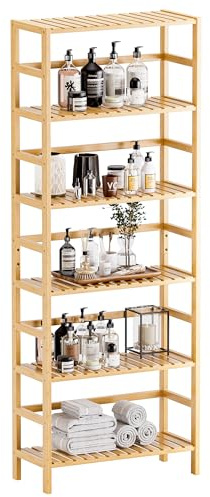 HITNET Estante de Bambú de 6 Niveles, Organizador de Almacenamiento Abierto Grande, Soporte de Exhibición de Plantas, Mueble de Baño Independiente con Estantes Ajustables, Naturales