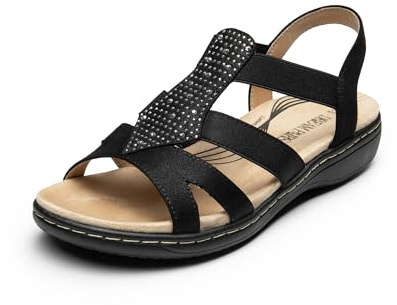 DREAM PAIRS Women's Comfortable Arch Support Dressy Flat Sandals Elastic Open Toe Walking Shoes for Summer,Size 8,Black,SDFS2420W