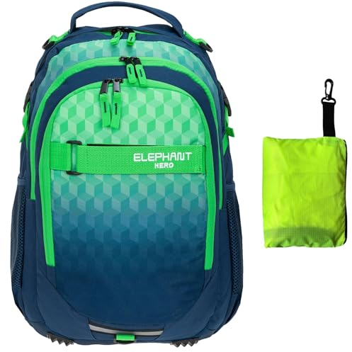 Elephant Schulrucksack Hero Signature Rucksack Schultasche Schulmappe Daypack Mädchen mit Regenhülle +r (Green Cube 12810 (Grün Blau))