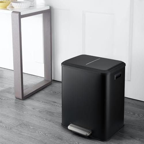 Takywep Cubo de basura doble de 30 litros, 2 botes de basura de cocina de acero inoxidable de 4 galones con tapa y pedal de pie, cubo de basura de doble compartimento con cubo de reciclaje, color