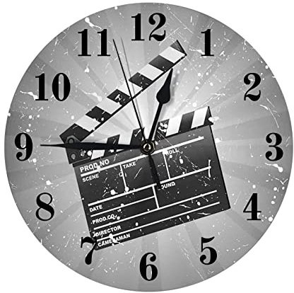 djfhwvjxt Movie Theater Wall Clock,Clapper Board Director Cut Scene,Silent Non-Ticking Round Clocks PVC Battery Operated Quartz Analog White Black 25cm