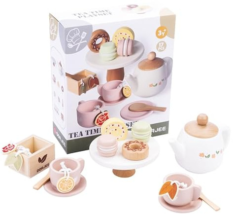 Dorjee - D3.021 - Wooden Tea Set with Pastry for Children: 17 pieces including teapot, cups, spoons, and sweets - for ages 3 and up - wooden toys - pretend play