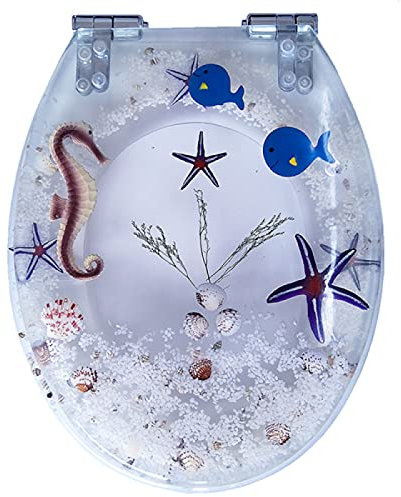 WC-Sitz mit Absenkautomatik, Schnellverschluss, WC-Deckel, WC-Sitze aus Kunstharz mit Befestigung an der Oberseite, strapazierfähiger WC-Deckel mit Kunst-3D-Effekten und echten Muscheln und