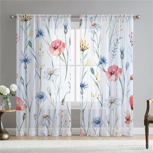 Surwin Tende per Interni, Serie dei Fiori Tende a Vetro con Occhielli, 2 Pezzi Tende Camera da Letto, Tende Voile Semi Trasparenti, per Cucina, Soggiorno (W108xH245cm,Fiori)