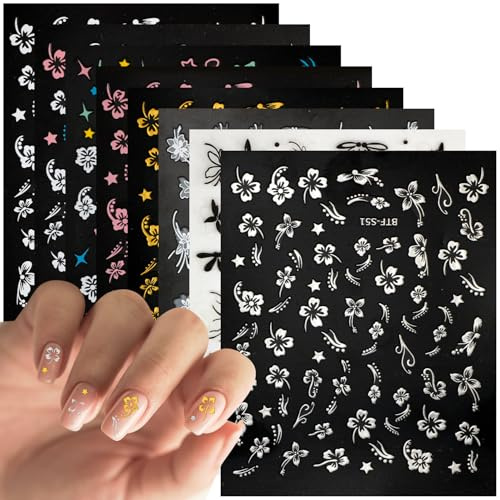 8 Blätter Nagelaufkleber Blumen, Nagelaufkleber Hibiskus Design Selbstklebend Nagelsticker Frühlings Sommer Maniküre Dekorationszubehör für Frauen und Mädchen