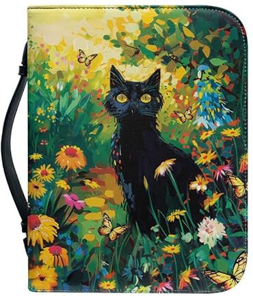 Kuiaobaty Schwarze Katzen-Schutzhülle mit Griff, Kunstleder-Buchhülle, bunte Wildblumen, Reißverschluss, tragbare Kirchentasche mit Innentaschen