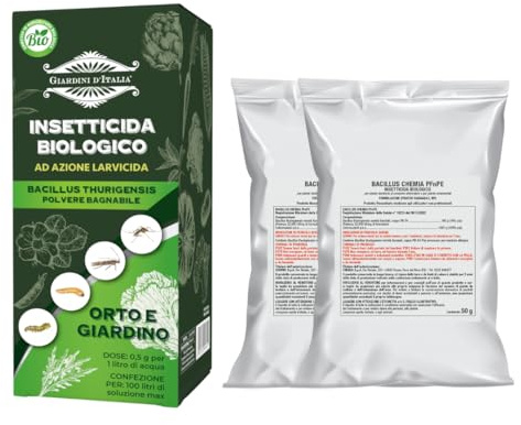 GIARDINI D'ITALIA - Insetticida Piante Biologico per Orto e Giardino a Base di Bacillus Thuringiensis, Insetticida in Polvere Bagnabile Contro Larve e Parassiti - Uso Professionale e Hobbistico, 2x50g