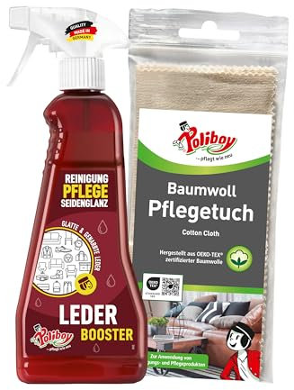 POLIBOY - Limpiador de piel para ropa y muebles, limpiador de piel con efecto de cuidado, 1 x 375 ml, con paño de algodón, fabricado en Alemania