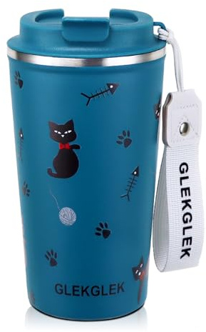 GLEKGLEK Insulated Cat Travel Mug Patterned for Ice Drinking, Hot Drinks Coffee Cup 500ml for Boy Girl Gift