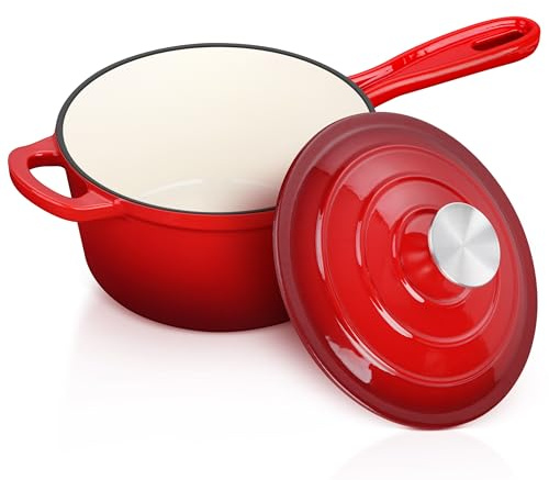 Emaillierte Gusseisenpfanne mit Deckel, Leonyo Gusseisenpfanne 2 Liter mit Deckel, kleine emaillierte Gusseisen-Bratpfanne für alle Küchen zur Herstellung von Nudelsauce, Suppe