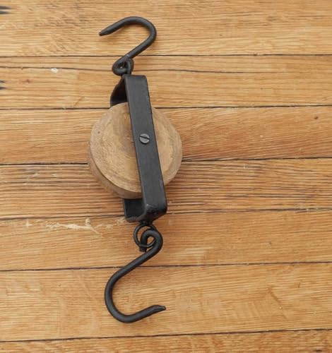 Deko-Impresion Dekorativer Flaschenzughaken 2 Haken u. Rolle Holz u. Eisen schwarz Seil 29 cm
