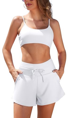 SHEKINI Two Piece Swim Suits for Women Bikini Set with 2 Pockets High Waisted Drawstring Swim Shorts Push Up Bandeau Adjustable Tummy Control Vintage Beach Swimwear