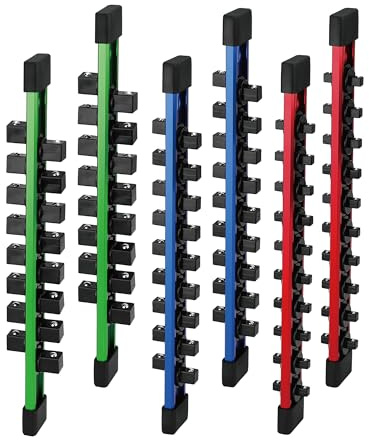 6-piece Socket Organizer Storage Set, 1/4-Inch, 3/8-Inch, 1/2-Inch Double Sided Aluminum Alloy Socket Holder Rail, Drive Socket Trays Holds 108 Sockets, 360° Swivel Clip Socket Holder Kit for Tool Box