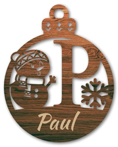 Urhome Weihnachtskugel personalisiert mit Wunschtext Gravur Buchstabe P mit Schneeman Motiv Dunkel Braun - Ornament Christbaumschmuck Weihnachtsdeko Weihnachtsbaum Anhänger aus 6,5mm Holz