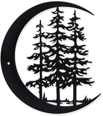 NBEADS Decoración de Pared de Metal con Diseño de Bosque de Pinos, Decoración de Pared con Forma de Luna de Hierro de 23.5x26.3cm, Diseño de Árbol, Esculturas de Metal para el Hogar, Negro Mate