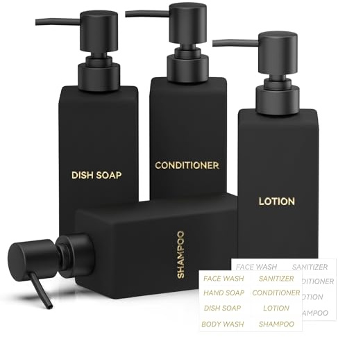 RTUOHUIN Seifenspender Schwarz Matt, 4er 350 ml Seifenspender Glas Set für Küche und Badezimmer, Moderne Spülmittelspender, Shampoo Flaschen zum Befüllen mit Kunststoffpumpe Wasserdichten Etiketten