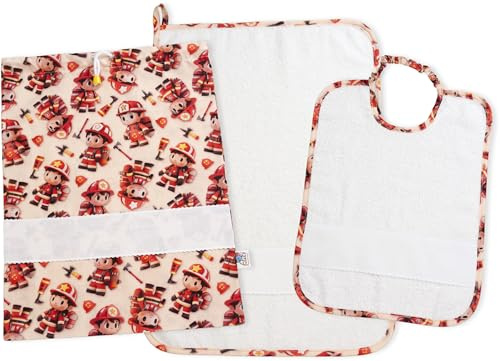 Filet - Set Asilo 3 Pezzi | Sacchetto, Bavaglino e Asciugamano in coordinato | Cotone e Spugna di alta qualità | Inserto in tela aida da ricamare | Stampa Pompieri su fondo beige