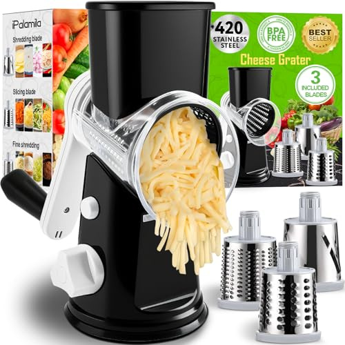 Rallador giratorio de queso con 3 cuchillas de tambor de acero inoxidable reemplazables y base de succión fuerte, rallador de queso giratorio redondo para verduras, frutas, frutos secos, la