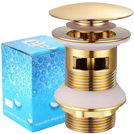 Universal Ablaufgarnitur mit Überlauf (Chrom) - Pop Up Ventil für Waschbecken und Waschtisch – Ablaufventil Abflussgarnitur aus Messing/Edelstahl mit Einbauanleitung (Golden Überlauf)
