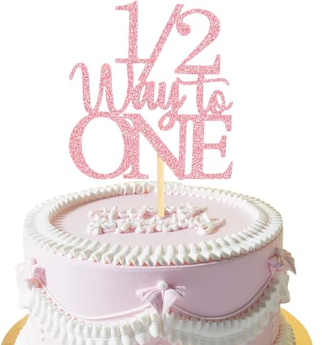 Happy 6 Months Birthday Cake Topper, Pink Glitter 6 Months Cake Topper, Half Way to One Cakes Pick, Baby 1/2 Birthday Cake Decoration, HSC Pink Baby Shower Decoration for Party Supplies