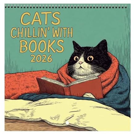 Reading Cat Books Calendar 2026, Cat Chillin with Book Wall Calendar, Funny Monthly Planner with Kittens Illustration, Hanging 12 Months Wall Planner, Creative Family Planning Reminder for Home