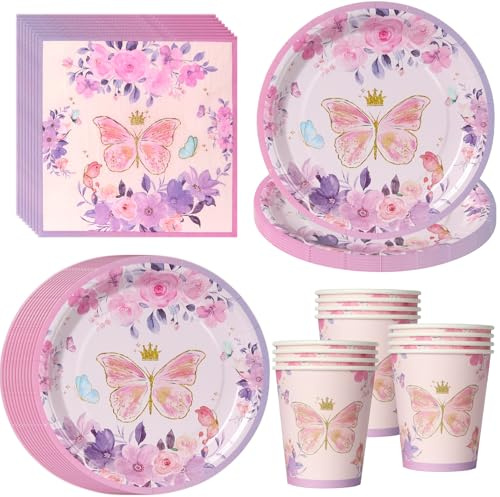 PYAILI Lot de 52 pièces thème papillons lavande Assiettes, gobelets et serviettes pour décoration d'anniversaire magique avec motifs floraux, pour 16 invités