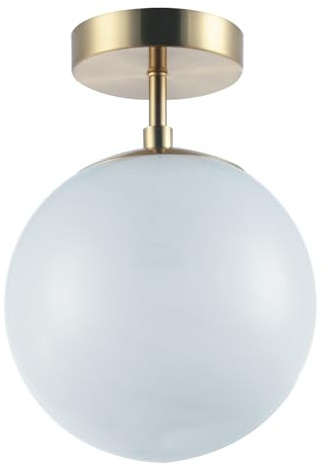 Happy Homewares Modern Opal White Snowflake Glass Globe IP44 Bathroom Ceiling Light Fitting in Classic Antique Brass | 28cm x 20cm
