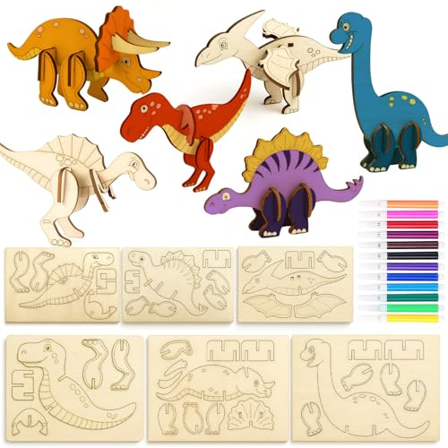 KELAV Dinosaurier Holzbastelsets 24 Stück, 3D Puzzle Dinosaurier Bastelset mit Farbstifte, Holz Bastelset Kinder, Geburtstag Spiele 3D Puzzle Dino für Mädchen Jungen DIY