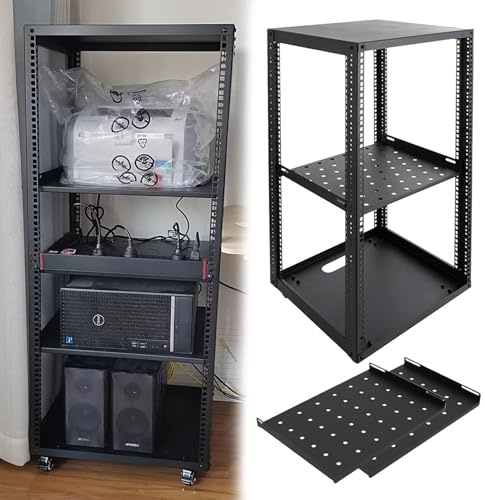 Serverställ med öppen Ram Justerbart Serverställ med Öppen Ram och Hjul, 10 12 15 18 20U Nätverksställ med Hyllor, Utrustningsskåp med Rullställ för IT och AV-utrustning(18U,2 tier)
