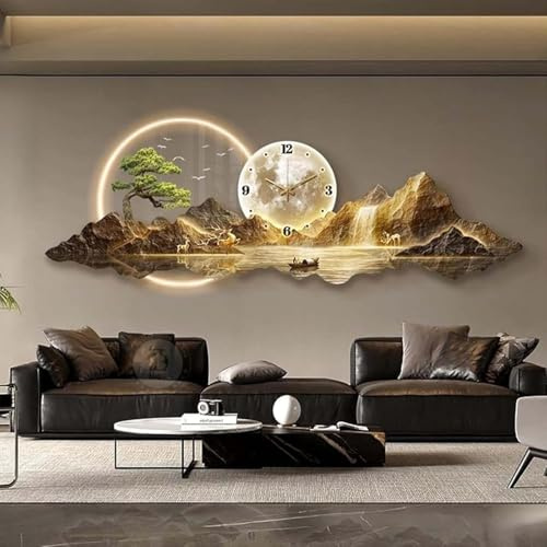 3D Metal Wall Art for Living Room, Modern Wall Sculpture with LED Light and Clock, Oriental Feng Shui Landscape Wall Decor, for Living Room, Bedroom, Study, Hotel Decor,001,150 * 50cm