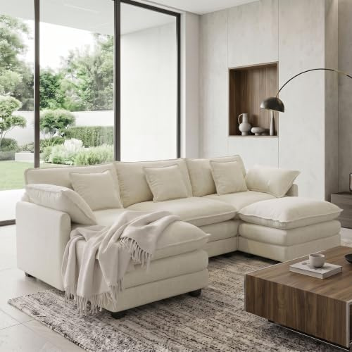 Urhanherry U-Form Cloud Sofa, Modulares Sektionssofa 5-Sitzer mit 2 Ottomanen, Modernes Sofa mit Armlehnen/Dekokissen, Chenille-Stoff, Couch für Wohnzimmer, Beige