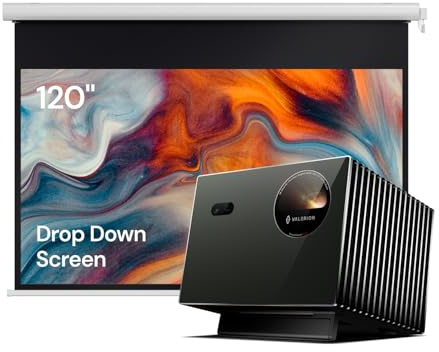 Valerion VisionMaster Pro2 4K Laser Beamer + 120-Zoll Motor-Projektionsleinwand Set, 3000 ISO Lumen, HDR10+, IMAX Enhanced, Dolby Vision, 4ms Gaming, wasserdicht, Akku, 4K/8K Ultra HD, 1.1 Gain, Heimk