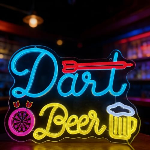 Dart Bier Neon Licht Schild – LED Neon Dartscheibe & Bier Leuchtschild, Wanddeko für Bar, Partyraum, Keller, Pub, Spielzimmer, Geschenk für Dart & Bier Fans