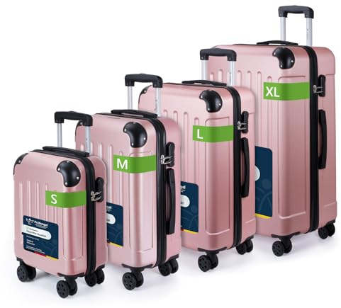 YONSLY Trolley Koffer Set, Reisekoffer, Rollkoffer Handgepäck, Kabinkoffer Suitcase, Gepäckset mit 360° Rollen, Hartschalenreisekoffer, Zahlenschloss, Gummigriff (4er Set, S,M,L&XL, Roségold)