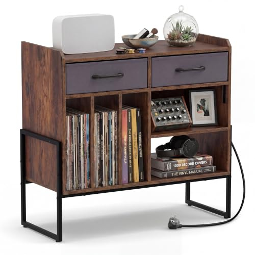 KOMFOTTEU Mueble para Tocadiscos con Estación de Carga, 76 x 36 x 69 cm | Soporte para Tocadiscos con 2 Cajones y Estantes Abiertos para Vinilos, Mesa Auxiliar para Álbumes, CD, para Oficina, Salón