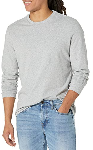 Amazon Essentials Men's Slim-Fit Long Sleeve Cotton T-Shirt, Crew Neck, Light Grey Heather, Large