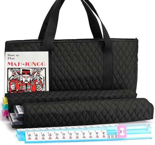 American Mahjong Game Set - Black Quilted Soft Bag 166 Premium Tiles with 4 All-in-One Rack/Pushers,100 Chips, Wind Indicator, English Manual. Easy Carry Complete Classic Mah-Jongg Set